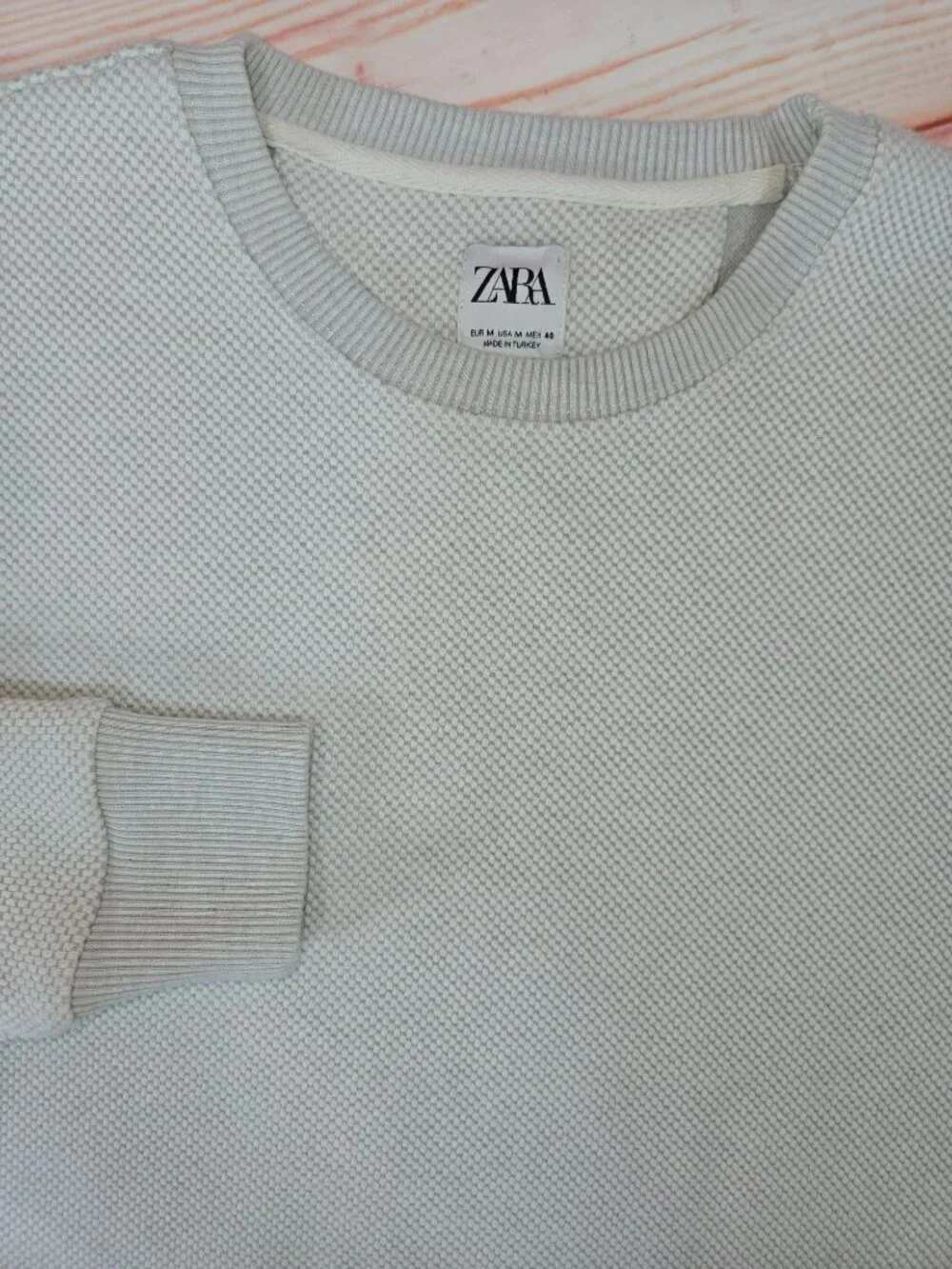 Zara Mens Ribbed Crewneck Knit Sweater Light Beige Medium Textured
